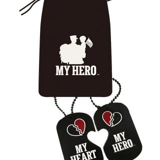 Black dog tags with 'My Hero' and 'My Heart' on a pouch, symbolizing love and tribute in 'My Hero, My Heart Collection.'