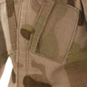 Military-style uniform fabric detail with camouflage pattern.