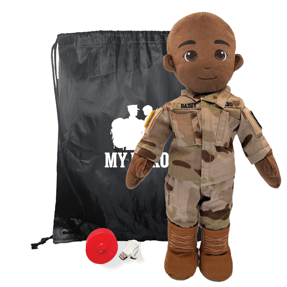 Plush toy soldier in camouflage uniform with a black drawstring bag labeled 'My Hero' on a white background.