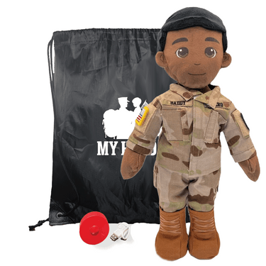 Plush toy soldier in camouflage uniform with a black drawstring bag labeled 'My Hero' on a white background.