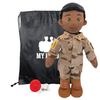 Plush toy soldier in camouflage uniform with a black drawstring bag labeled 'My Hero' on a white background.