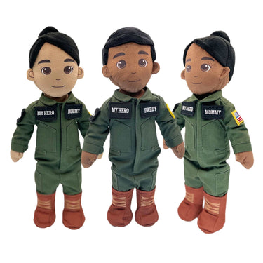 UMBO My Hero Military Aviator & Crew Flight Suit with Brown Boots for Kids, featuring customizable Velcro patches, designed for MY HERO dolls (doll sold separately).