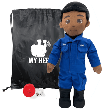 DARK SKIN DOLL WITH BLACK HAIR IN COAST GUARD UNIFORM WITH BLACK BACKPACK AND RECORDER