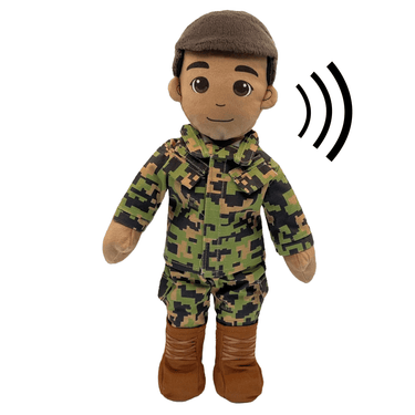 "Marine daddy doll in full uniform with voice recorder — recordable Marine Corps gift for kids during deployment"