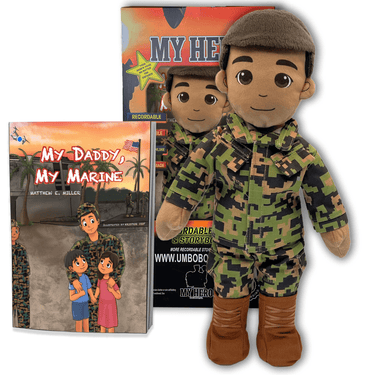 "Marine daddy doll in full uniform with voice recorder — recordable Marine Corps gift for kids during deployment"