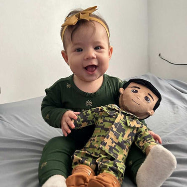 "Marine daddy doll in full uniform with voice recorder — recordable Marine Corps gift for kids during deployment"