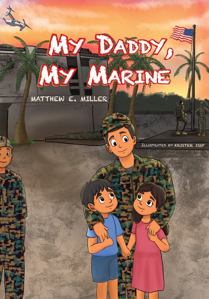 Illustration from a Marine Children's book showing a father embracing his two kids and the flag being raised