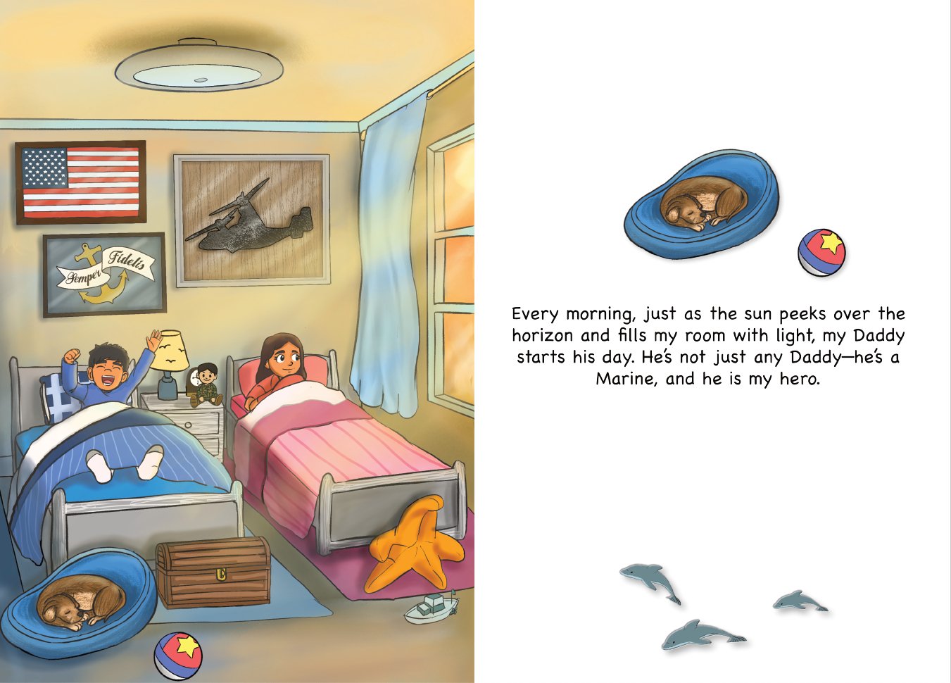 Illustration from a Marine Children's book of two children waking up in marine corps themed bedroom