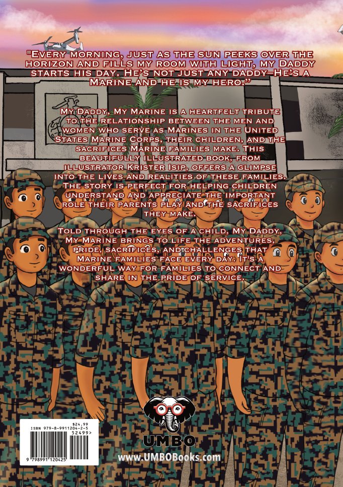Illustration from a Marine Children's book showing marines in formation and an osprey flying overhead with font and a barcode