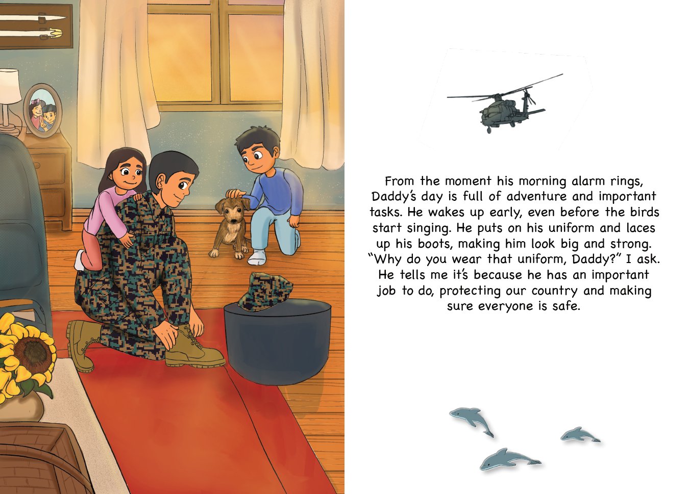 Illustration from a Marine Children's book of a marine getting ready with two children and dog