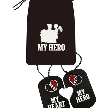 My Hero, My Heart deployment ID dog tag set with heart symbol, custom pouch, symbolizing connection during separation.