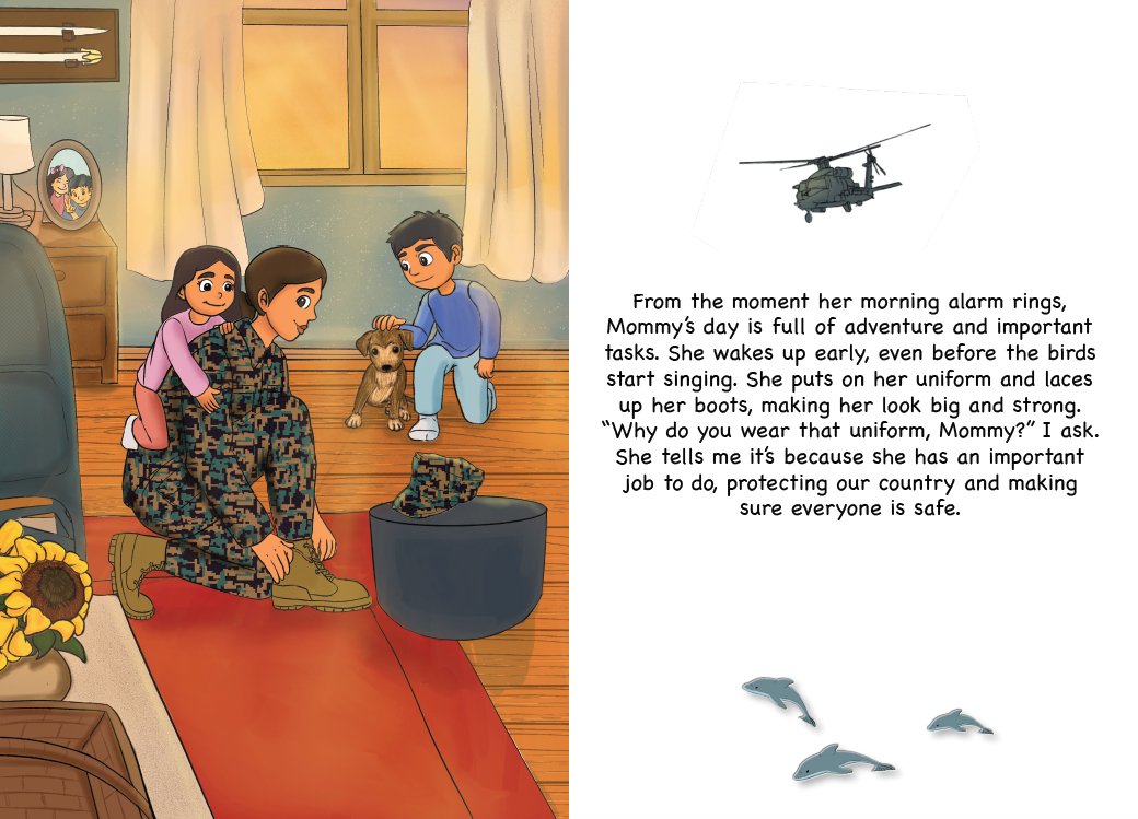 Illustration from a Marine Children's book showing a mother, her children, and their dog in the livingroom