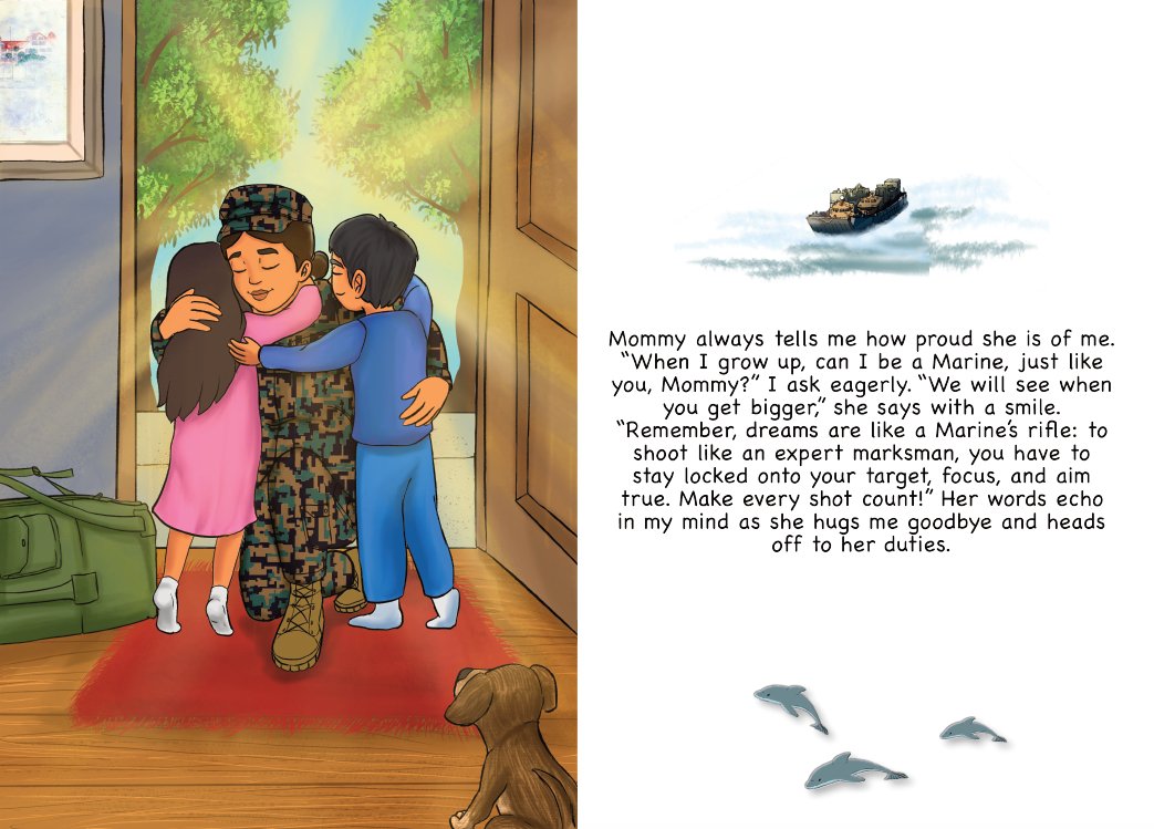Illustration from a Marine Children's book showing a mother embracing her two kids before leaving for deployment