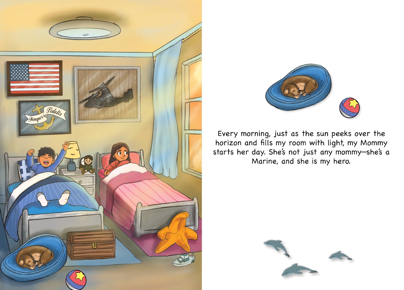 Illustration from a Marine Children's book of two kids awaking in the moring in a marine corps themed bedroom