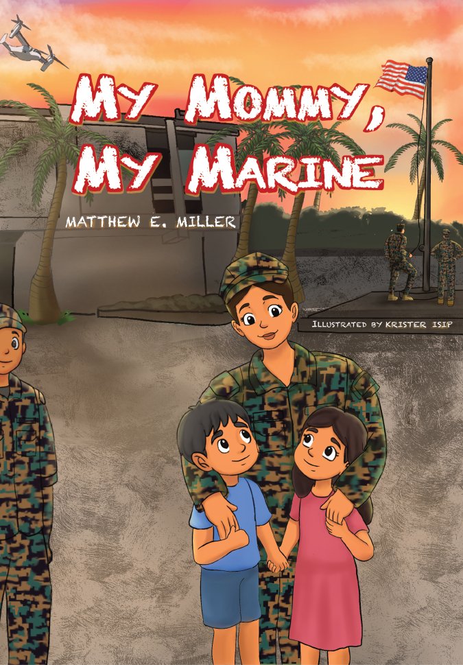Illustration from a Marine Children's book showing a mother embracing her two kids and the flag being raised