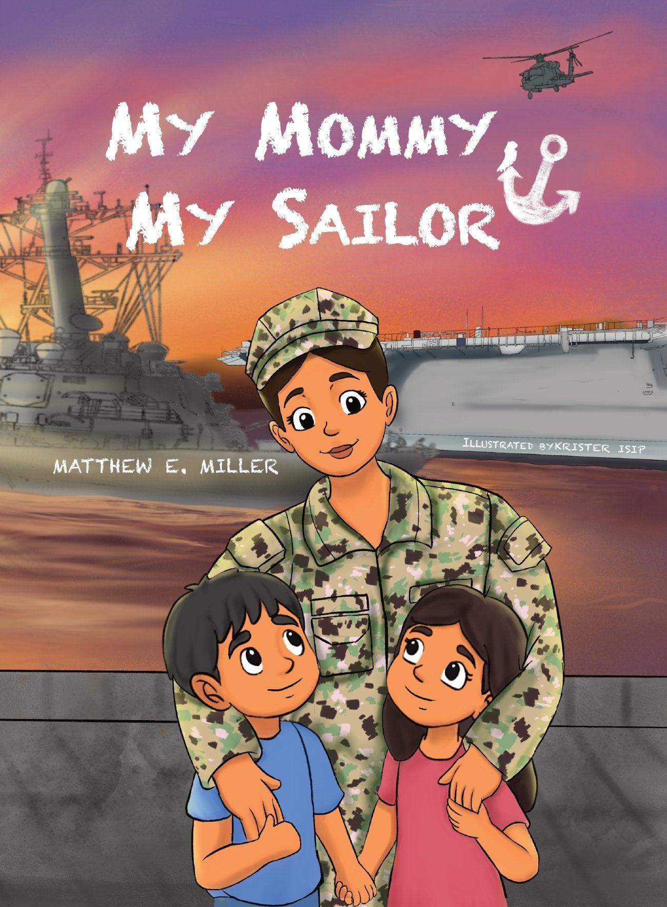 Illustration from a Navy children's book: a mommy sailor embraces her kids on the pier, with warships in the background.