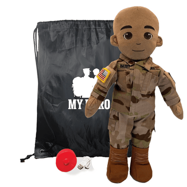 Plush toy soldier in camouflage uniform with a drawstring bag labeled 'My Hero' on a white background.