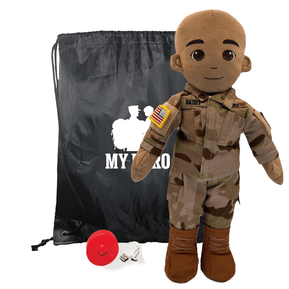 Plush toy soldier in camouflage uniform with a drawstring bag labeled 'My Hero' on a white background.