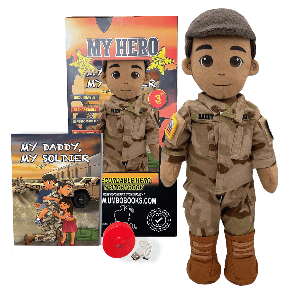 Recordable Army daddy doll – comforting deployment doll for military kids with camo uniform and voice message.
