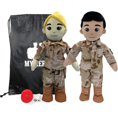Each Air Force plush doll dressed in hand-sewn, lifelike uniform, hand-filled and machine washable, with removable audio recorder